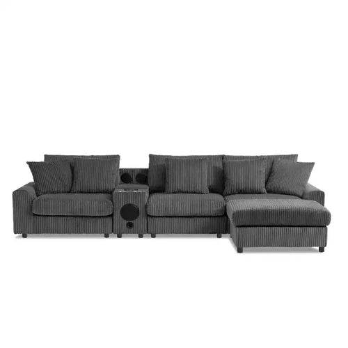 Divano componibile a L in velluto a coste da 114'' con altoparlanti Bluetooth, caricabatterie USB, portabicchieri e pouf - ModernLuxe