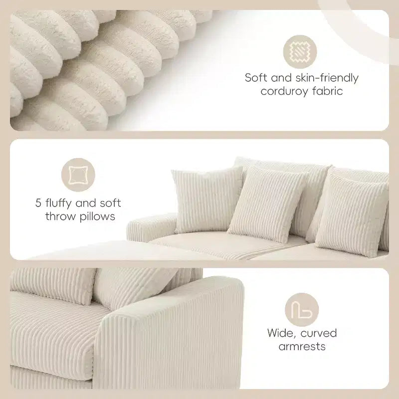 Divano componibile a L in velluto a coste da 114'' con altoparlanti Bluetooth, caricabatterie USB, portabicchieri e pouf - ModernLuxe