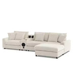 Divano componibile a L in velluto a coste da 114'' con altoparlanti Bluetooth, caricabatterie USB, portabicchieri e pouf - ModernLuxe