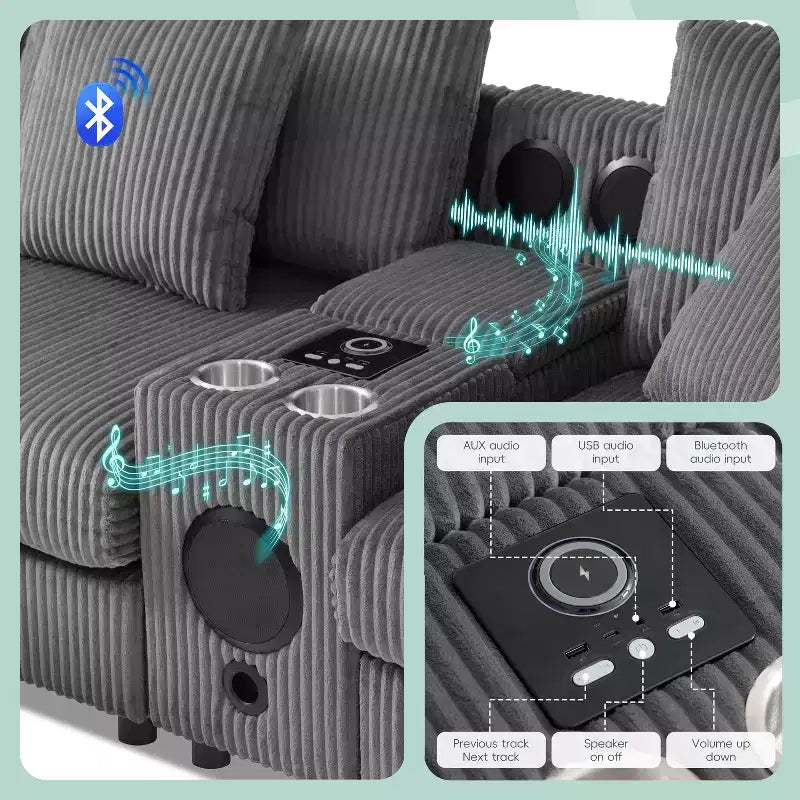 Divano componibile a L in velluto a coste da 114'' con altoparlanti Bluetooth, caricabatterie USB, portabicchieri e pouf - ModernLuxe