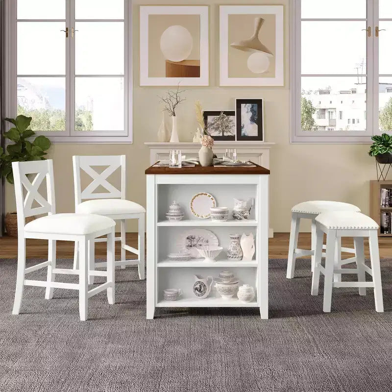 Set da pranzo rustico Farmhouse da 5 pezzi, set con tavolo da pranzo ad altezza bancone, 2 sedie da pranzo e 2 sgabelli, grigio/bianco-ModernLuxe