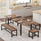 5 Pieces Dining Table Set for 4-6, 63 Large Extendable Dining Room Table Set for 4, Kitchen Table with Benches and Stools