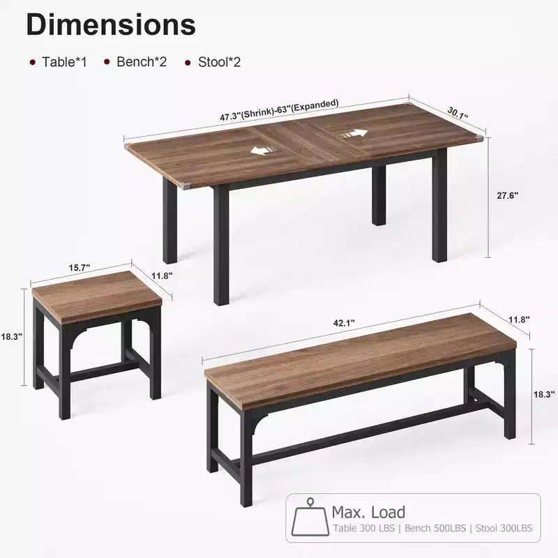 Set da pranzo da 5 pezzi per 4-6 persone, grande tavolo da pranzo allungabile da 63 per 4 persone, tavolo da cucina con panche e sgabelli