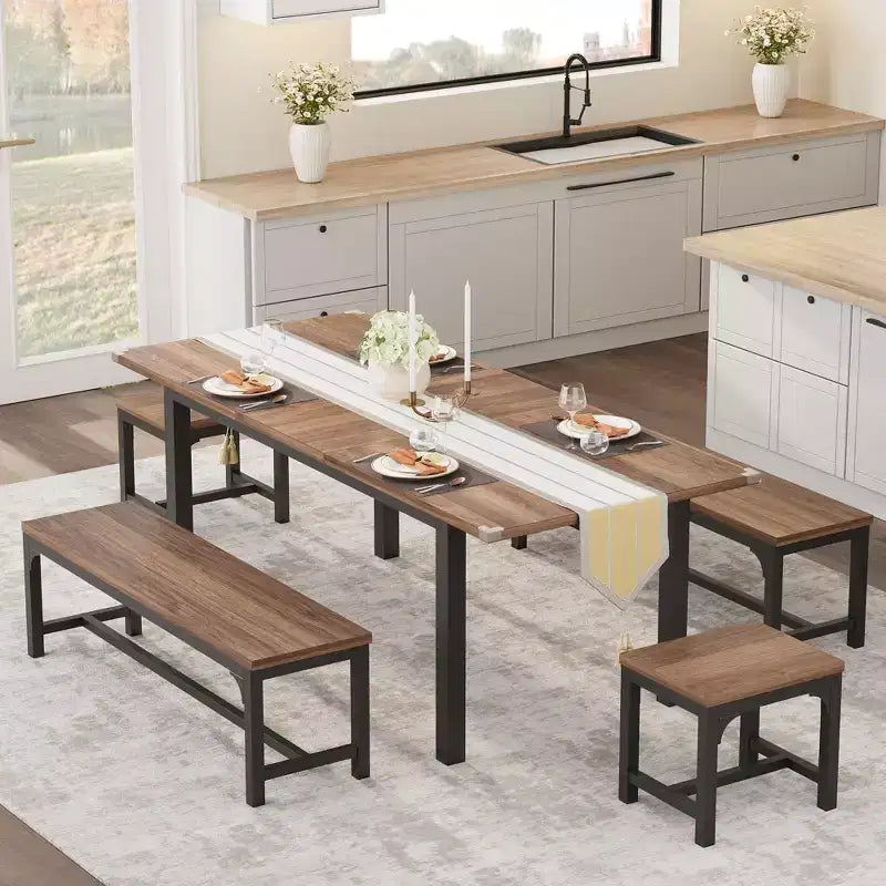 Set da pranzo da 5 pezzi per 4-6 persone, grande tavolo da pranzo allungabile da 63 per 4 persone, tavolo da cucina con panche e sgabelli