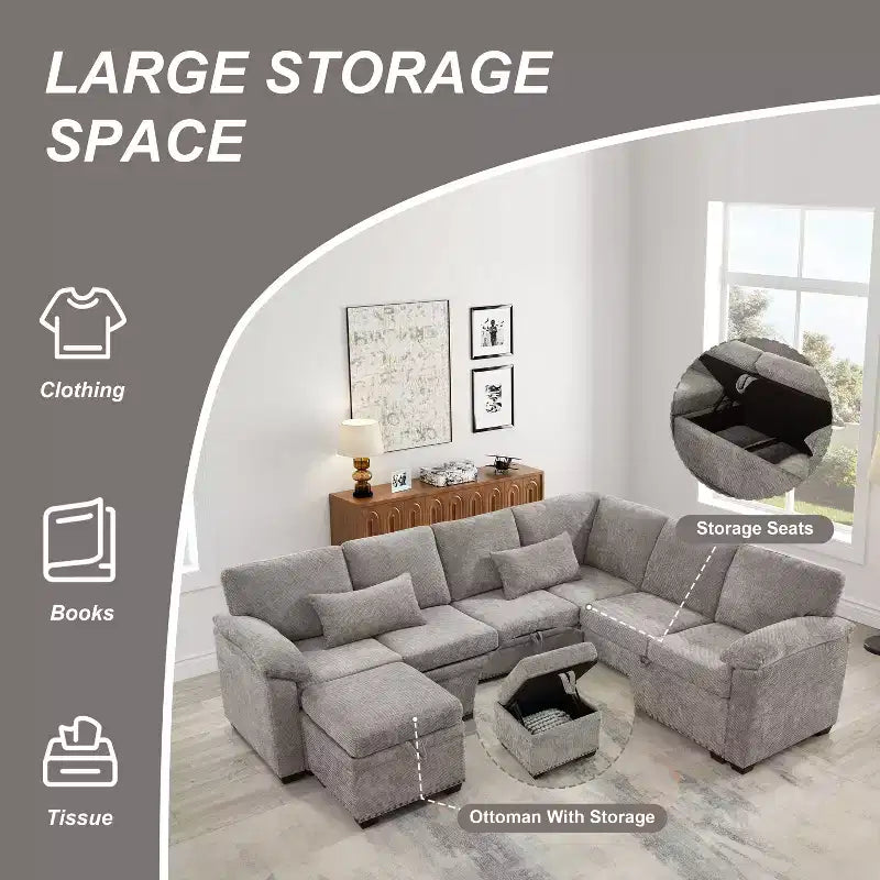 Divano sezionale angolare a L da 97" con pouf contenitore, divano angolare a 7 posti in tessuto ciniglia con 2 cuscini per soggiorno - ModernLuxe