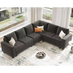 Divano componibile in velluto trapuntato a L Belffin con chaise longue reversibile, divano modulare componibile con pouf contenitore