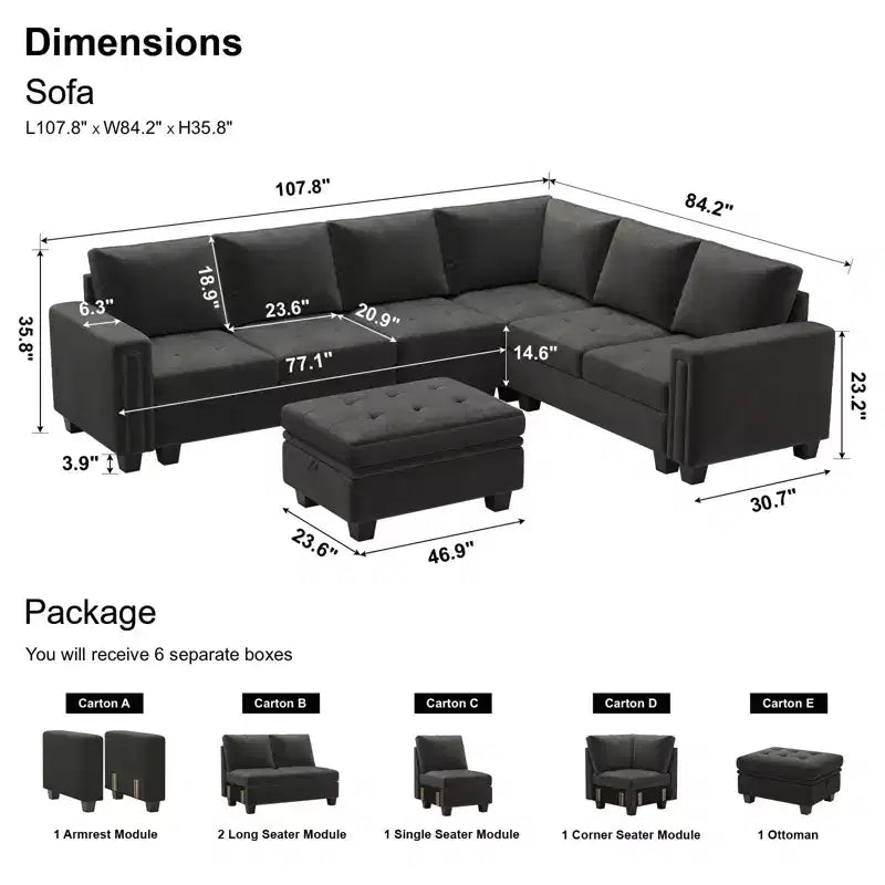 Divano componibile in velluto trapuntato a L Belffin con chaise longue reversibile, divano modulare componibile con pouf contenitore