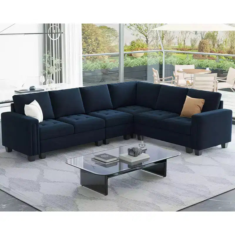 Set di divano componibile Belffin in velluto trapuntato a L, con chaise longue reversibile, configurazione convertibile e pouf contenitore