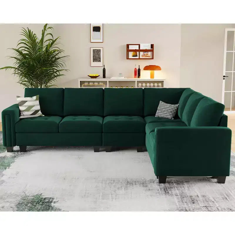 Set di divano componibile Belffin in velluto trapuntato a L, con chaise longue reversibile, configurazione convertibile e pouf contenitore
