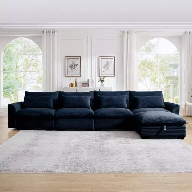 Divano componibile angolare grande Christopher Knight Home Nelly a L in velluto a coste 157.5 con pouf contenitore e 4 cuscini lombari
