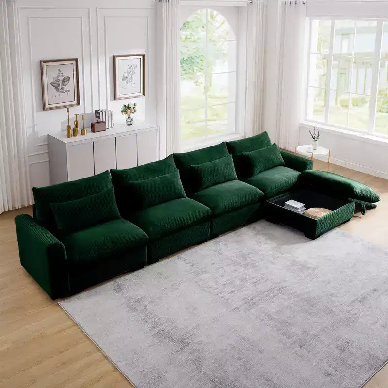 Divano componibile angolare grande Christopher Knight Home Nelly a L in velluto a coste 157.5 con pouf contenitore e 4 cuscini lombari