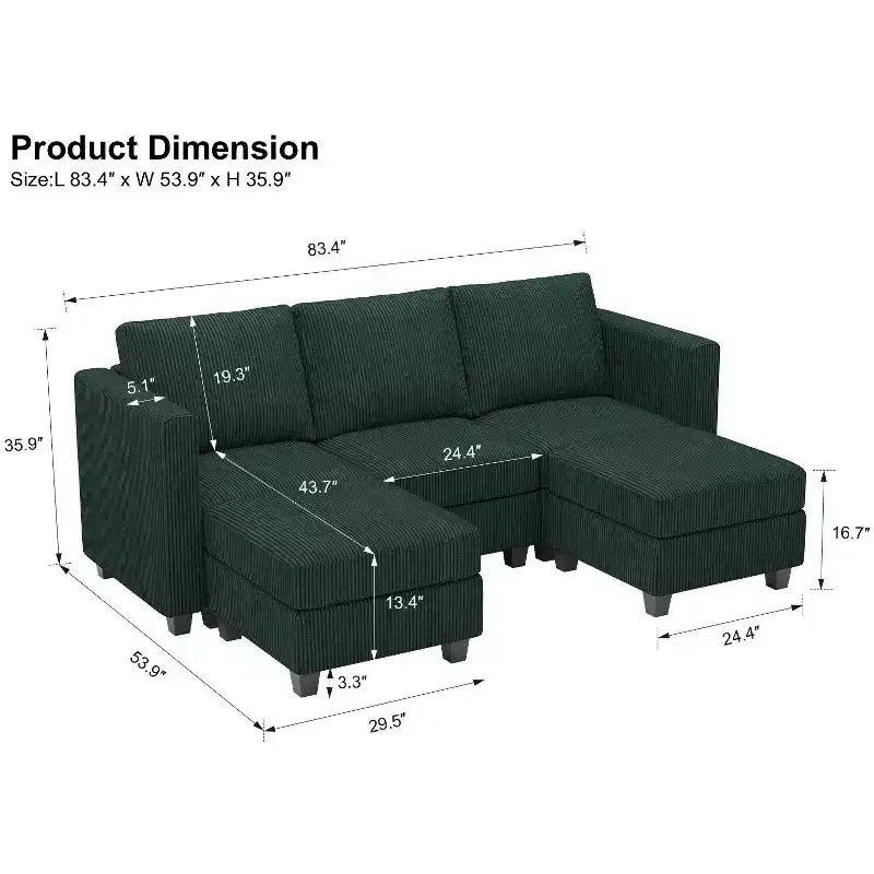 Divano componibile Belffin con pouf contenitore, divano componibile di lusso in velluto a coste con chaise longue, componibile moderno convertibile per soggiorno
