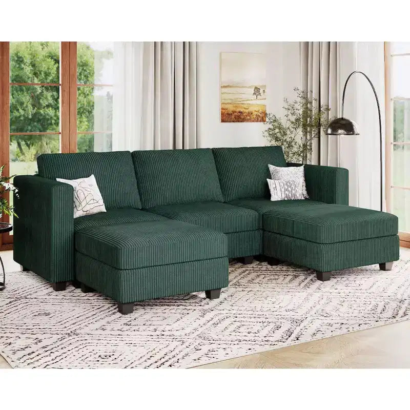 Divano componibile Belffin con pouf contenitore, divano componibile di lusso in velluto a coste con chaise longue, componibile moderno convertibile per soggiorno