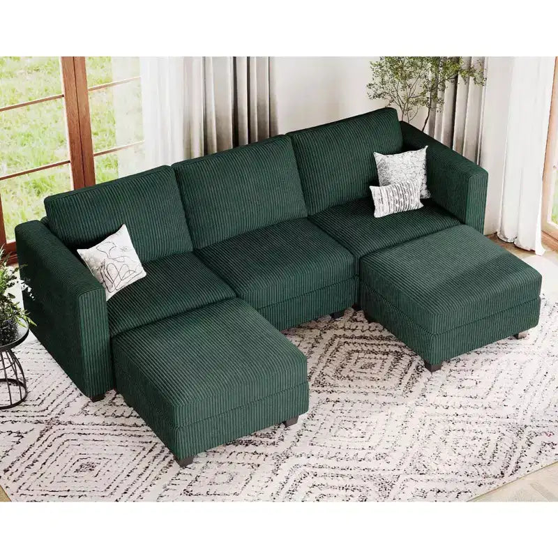 Divano componibile Belffin con pouf contenitore, divano componibile di lusso in velluto a coste con chaise longue, componibile moderno convertibile per soggiorno