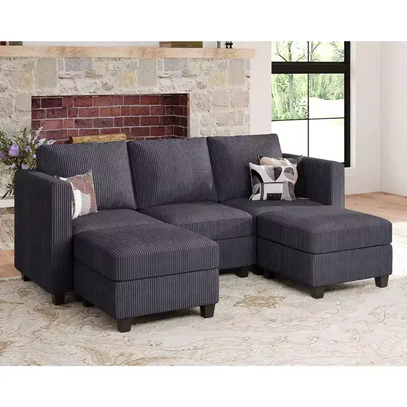 Divano componibile Belffin con pouf contenitore, divano componibile di lusso in velluto a coste con chaise longue, componibile moderno convertibile per soggiorno