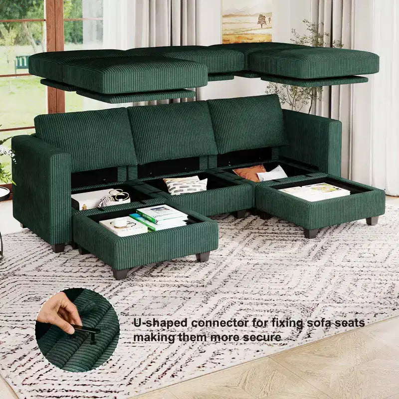 Divano componibile Belffin con pouf contenitore, divano componibile di lusso in velluto a coste con chaise longue, componibile moderno convertibile per soggiorno