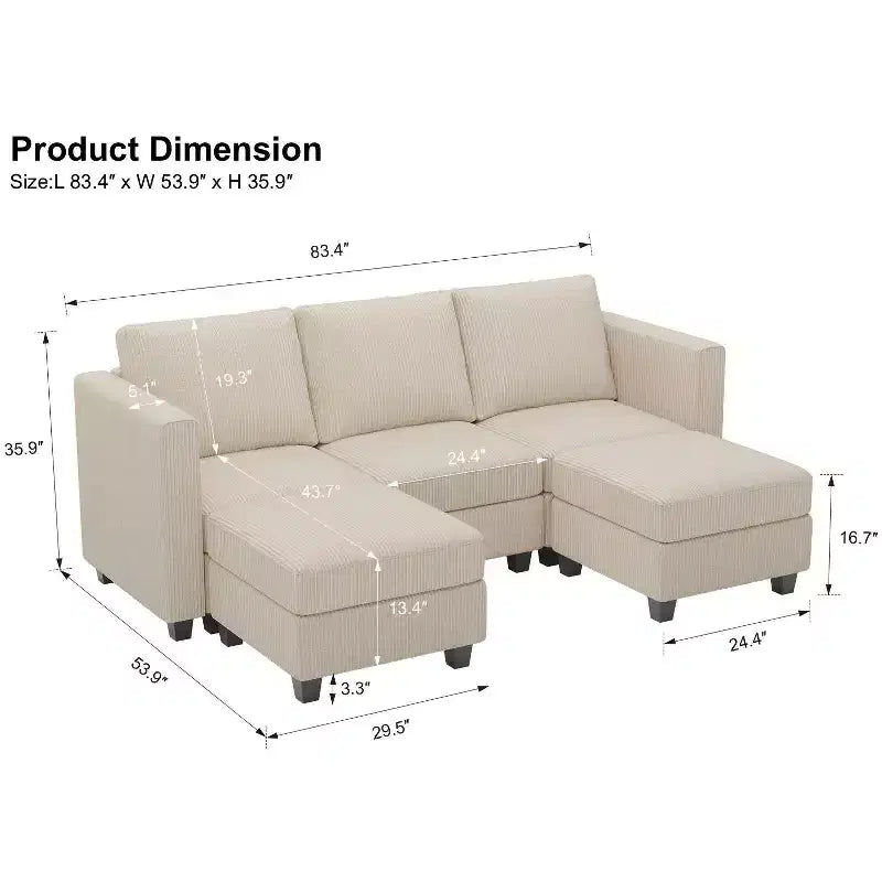 Divano componibile Belffin con pouf contenitore, divano componibile di lusso in velluto a coste con chaise longue, componibile moderno convertibile per soggiorno