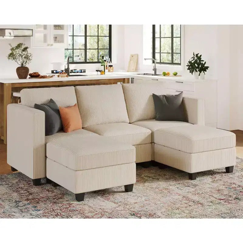 Divano componibile Belffin con pouf contenitore, divano componibile di lusso in velluto a coste con chaise longue, componibile moderno convertibile per soggiorno