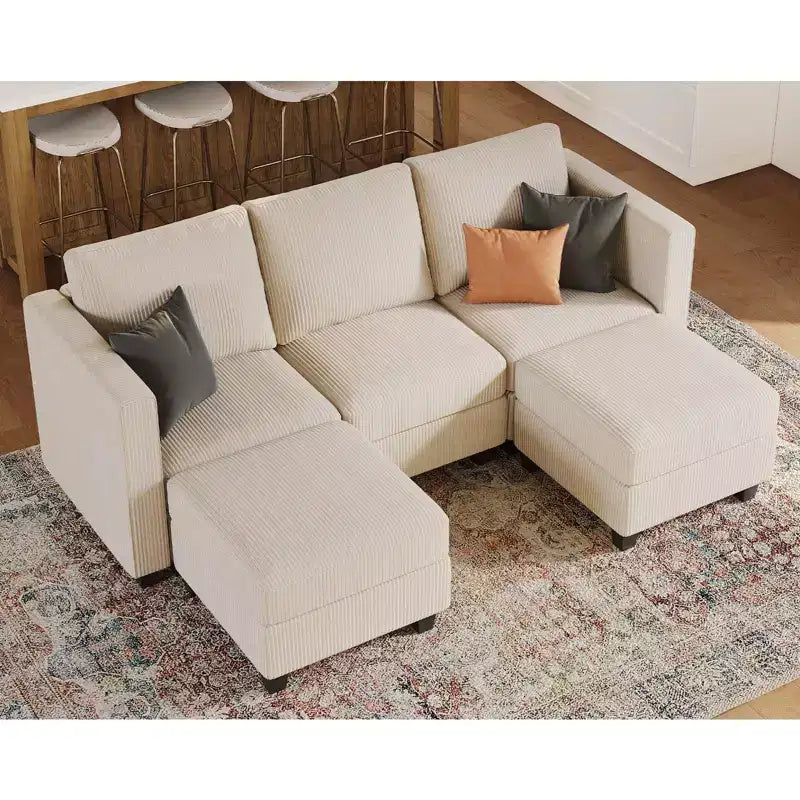 Divano componibile Belffin con pouf contenitore, divano componibile di lusso in velluto a coste con chaise longue, componibile moderno convertibile per soggiorno