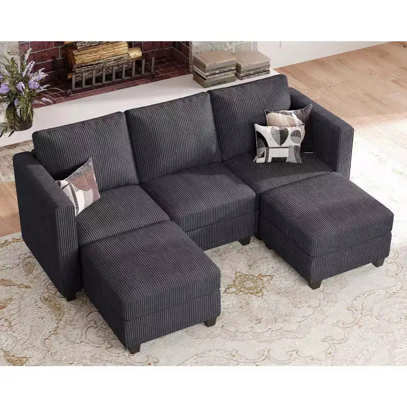 Divano componibile Belffin con pouf contenitore, divano componibile di lusso in velluto a coste con chaise longue, componibile moderno convertibile per soggiorno