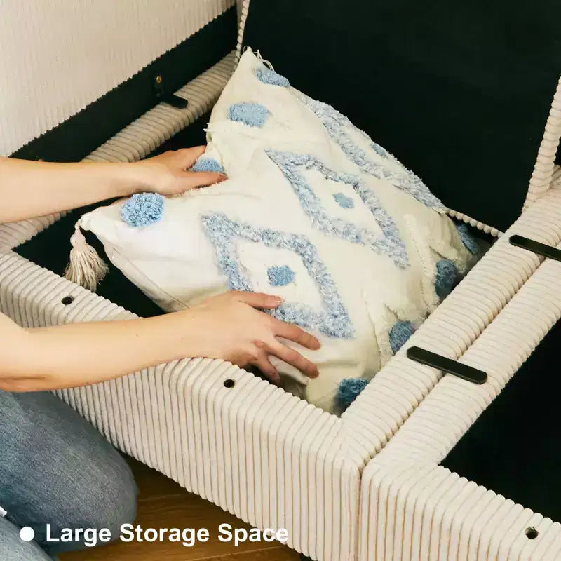Divano componibile Belffin con pouf contenitore, divano componibile di lusso in velluto a coste con chaise longue, componibile moderno convertibile per soggiorno