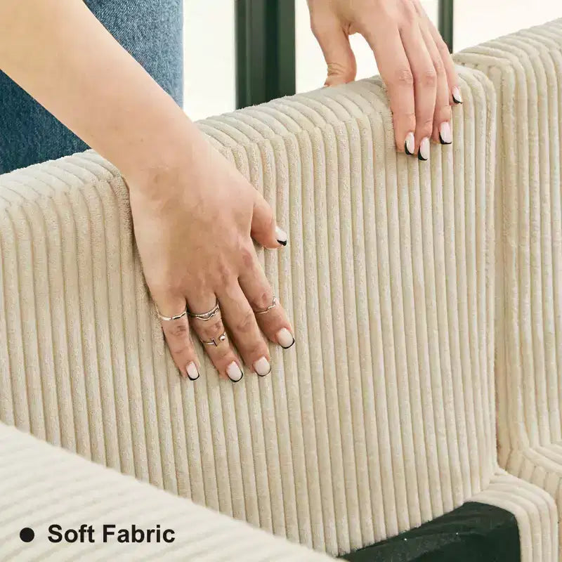 Divano componibile Belffin con pouf contenitore, divano componibile di lusso in velluto a coste con chaise longue, componibile moderno convertibile per soggiorno