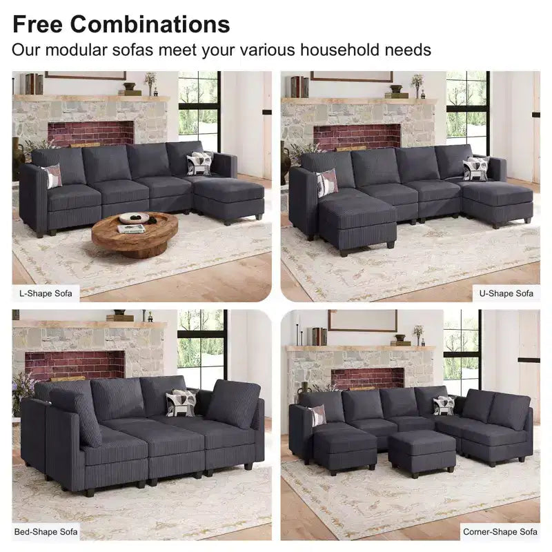 Divano componibile Belffin con pouf contenitore, divano componibile di lusso in velluto a coste con chaise longue, componibile moderno convertibile per soggiorno