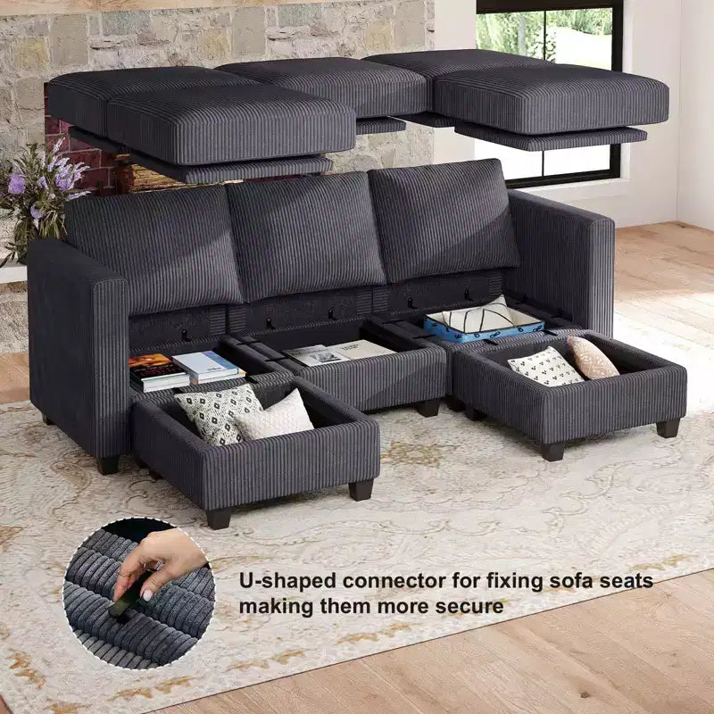 Divano componibile Belffin con pouf contenitore, divano componibile di lusso in velluto a coste con chaise longue, componibile moderno convertibile per soggiorno