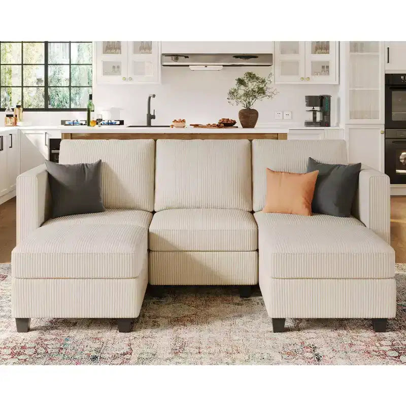 Divano componibile modulare Belffin trasformabile in letto con pouf contenitore, divano componibile di lusso in velluto a coste con chaise longue, moderno e trasformabile, per il soggiorno