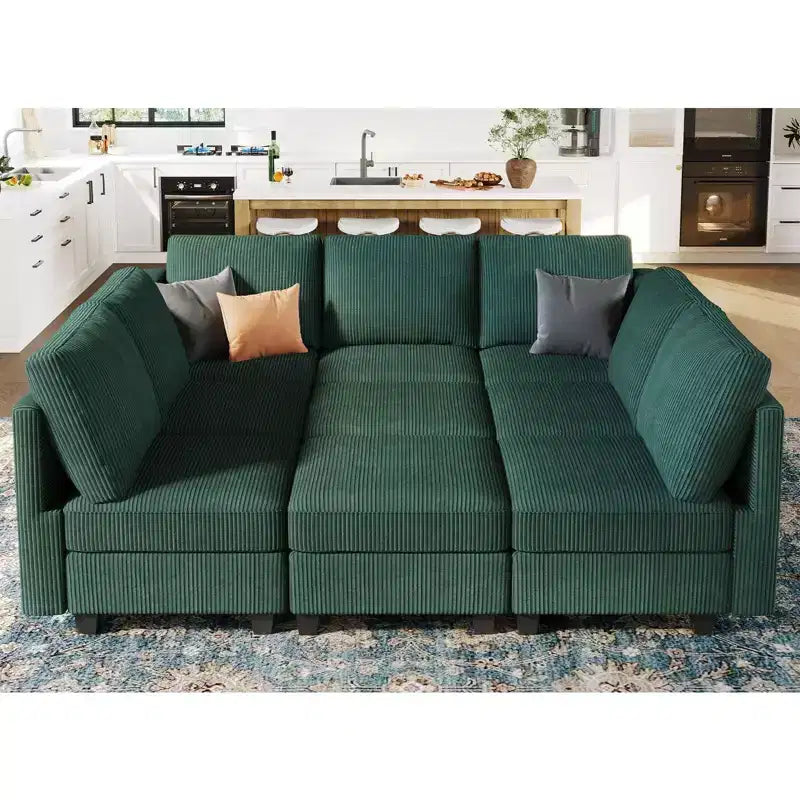 Divano letto modulare componibile Belffin in velluto a coste, 9 posti convertibile con pouf contenitore, divano letto componibile per soggiorno