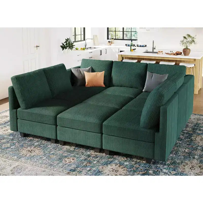 Divano letto modulare componibile Belffin in velluto a coste, 9 posti convertibile con pouf contenitore, divano letto componibile per soggiorno