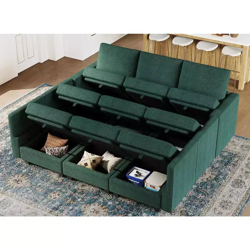 Divano letto modulare componibile Belffin in velluto a coste, 9 posti convertibile con pouf contenitore, divano letto componibile per soggiorno