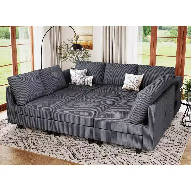 Divano letto modulare componibile Belffin in velluto a coste, 9 posti convertibile con pouf contenitore, divano letto componibile per soggiorno