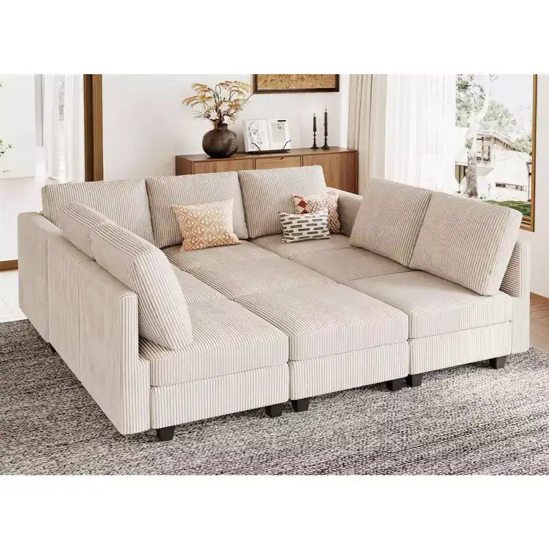 Divano letto modulare componibile Belffin in velluto a coste, 9 posti convertibile con pouf contenitore, divano letto componibile per soggiorno