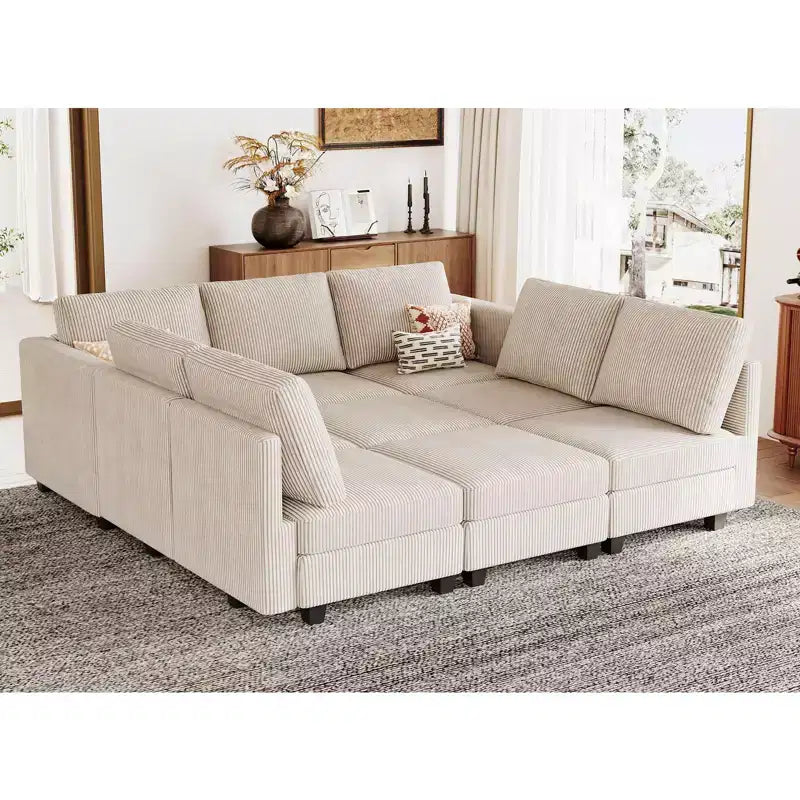 Divano letto modulare componibile Belffin in velluto a coste, 9 posti convertibile con pouf contenitore, divano letto componibile per soggiorno