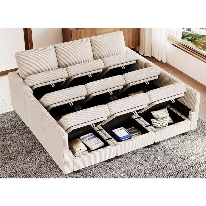 Divano letto modulare componibile Belffin in velluto a coste, 9 posti convertibile con pouf contenitore, divano letto componibile per soggiorno