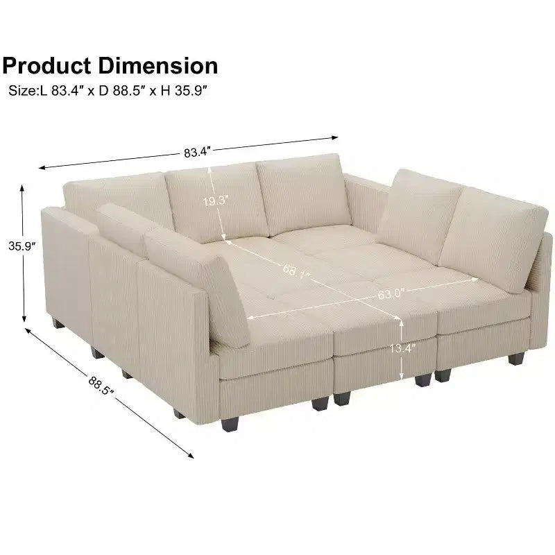 Divano letto modulare componibile Belffin in velluto a coste, 9 posti convertibile con pouf contenitore, divano letto componibile per soggiorno