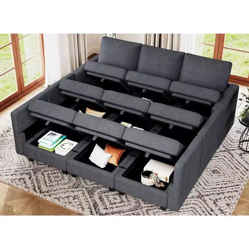 Divano letto modulare componibile Belffin in velluto a coste, 9 posti convertibile con pouf contenitore, divano letto componibile per soggiorno
