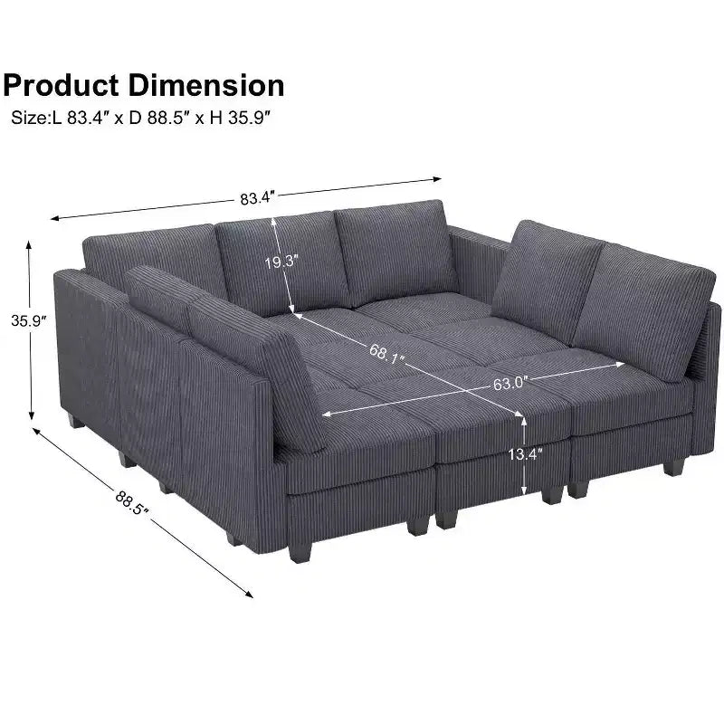 Divano letto modulare componibile Belffin in velluto a coste, 9 posti convertibile con pouf contenitore, divano letto componibile per soggiorno