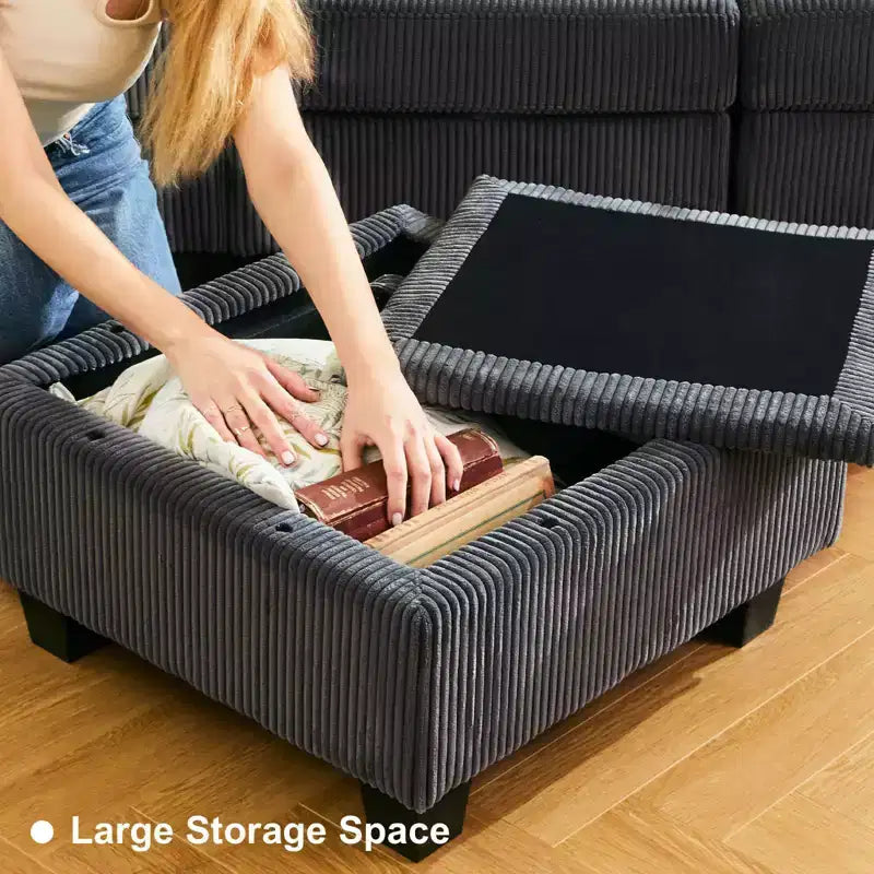 Divano letto modulare componibile Belffin in velluto a coste, 9 posti convertibile con pouf contenitore, divano letto componibile per soggiorno