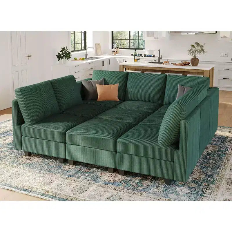 Divano letto componibile modulare Belffin in tessuto a coste, convertibile a 9 posti, con pouf contenitori, divano componibile trasformabile in letto per il soggiorno