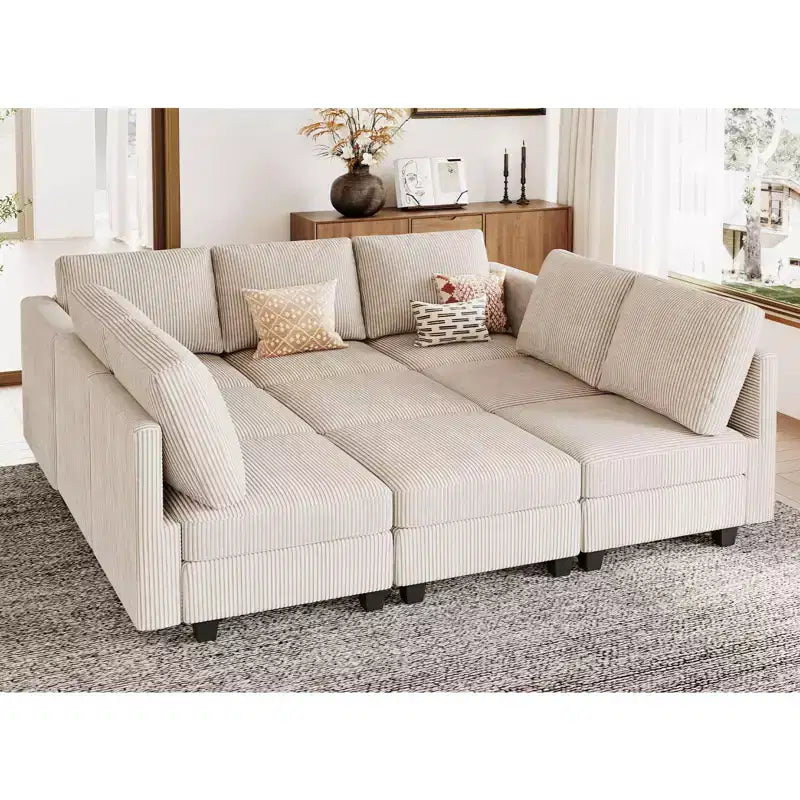 Divano letto componibile modulare Belffin in tessuto a coste, convertibile a 9 posti, con pouf contenitori, divano componibile trasformabile in letto per il soggiorno