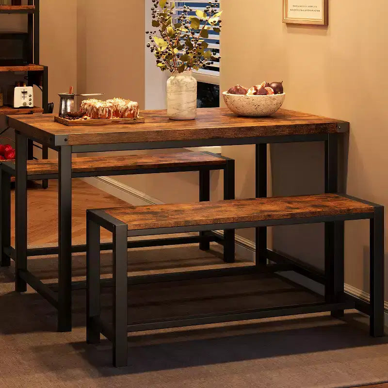 Esszimmer-Set für 4 Personen, Küchentisch mit 2 Metall-Holzbänken, rechteckiges Esszimmer-Set, für kleine Räume, Wohnungen und Studios