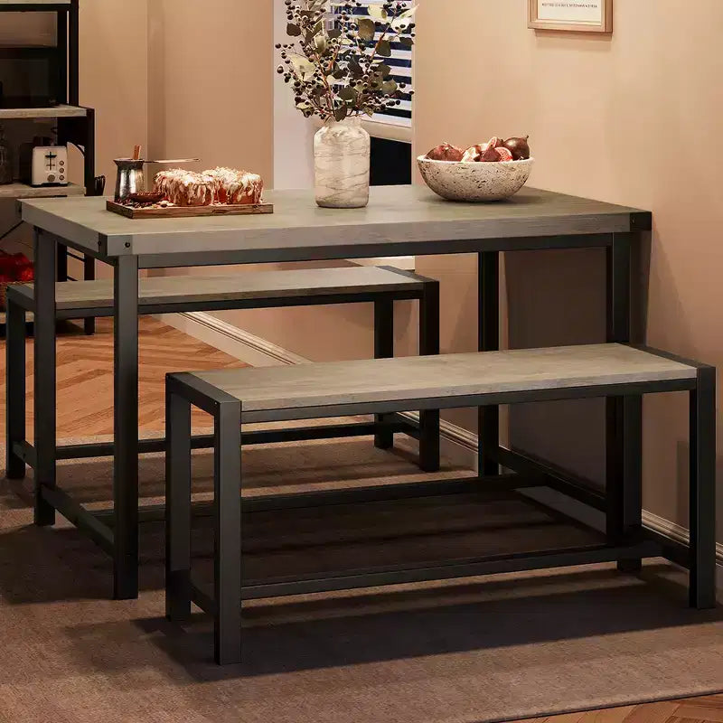 Esszimmer-Set für 4 Personen, Küchentisch mit 2 Metall-Holzbänken, rechteckiges Esszimmer-Set, für kleine Räume, Wohnungen und Studios