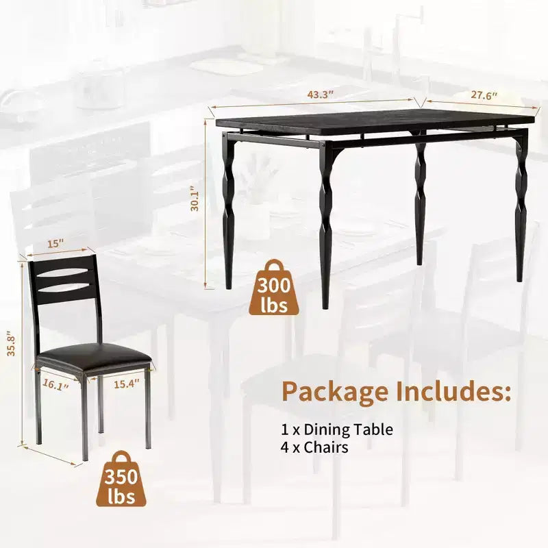 Set tavolo da pranzo da 5 pezzi, set tavolo da pranzo e sedie in stile industriale per 4 persone