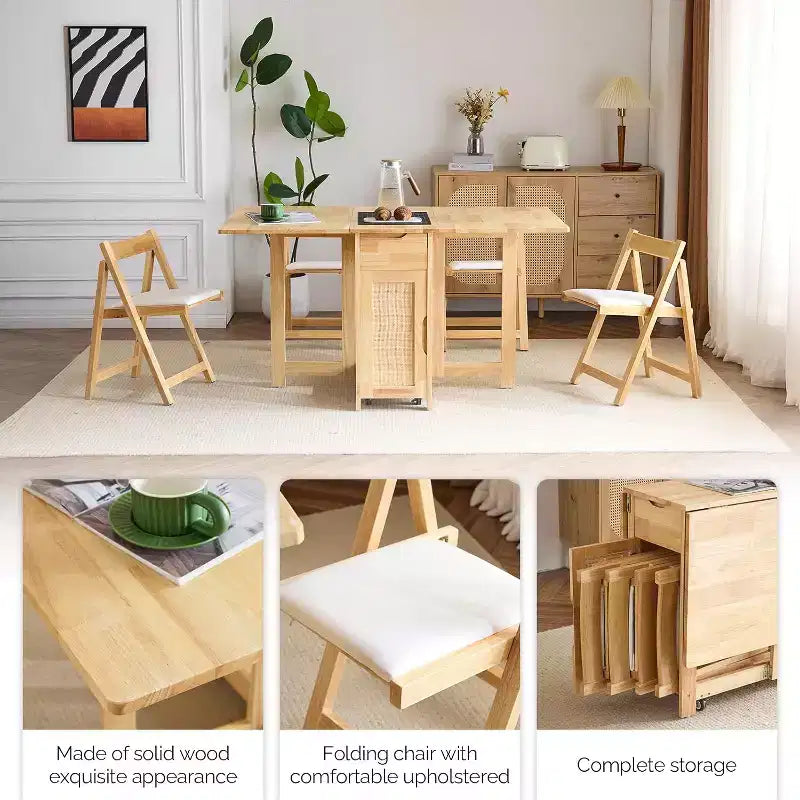 Set tavolo da pranzo pieghevole VINGLI, tavolo allungabile con ante a ribalta in legno massello con 4 sedie, cassetti e ruote, salvaspazio per cucina