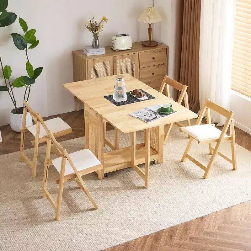 Set tavolo da pranzo pieghevole VINGLI, tavolo allungabile con ante a ribalta in legno massello con 4 sedie, cassetti e ruote, salvaspazio per cucina