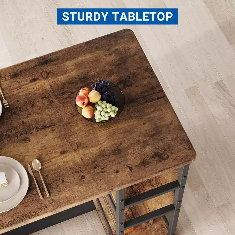 Tavolo da Cucina Altezza Bancone con 2 Sgabelli Imbottiti, Set Tavolo da Pranzo e Sedie in Legno per 2 con Ripiani, per Spazi Piccoli, Appartamento