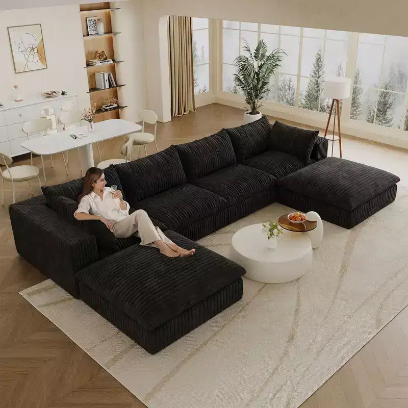 Divano Cloud componibile fai-da-te in tessuto di velluto a coste bianco da 157,6", divani a seduta profonda con 2 pouf, design a doppio strato, cuscino rimovibile, senza montaggio