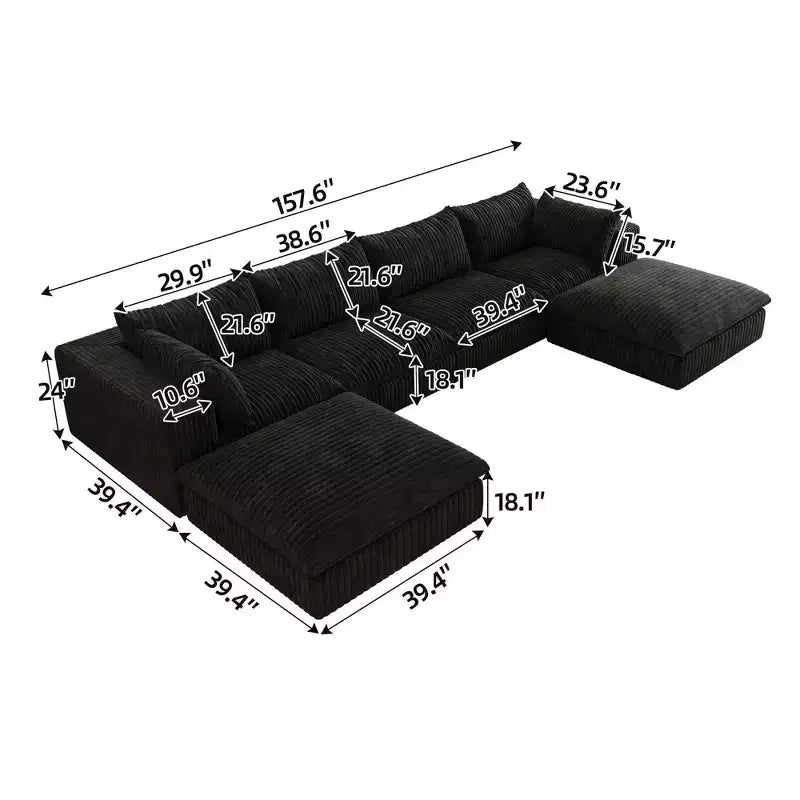 Divano Cloud componibile fai-da-te in tessuto di velluto a coste bianco da 157,6", divani a seduta profonda con 2 pouf, design a doppio strato, cuscino rimovibile, senza montaggio